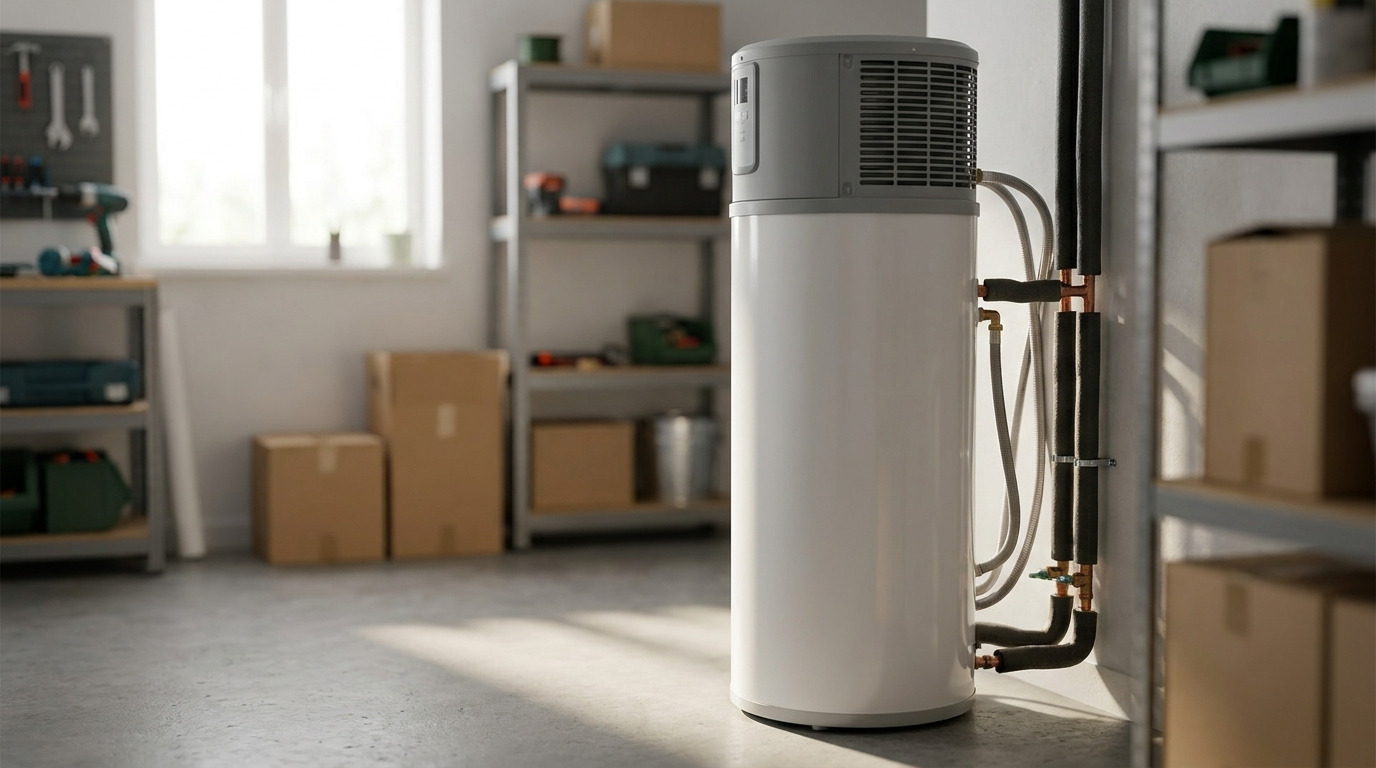Chauffe-eau thermodynamique blanc avec pompe à chaleur installé dans un garage