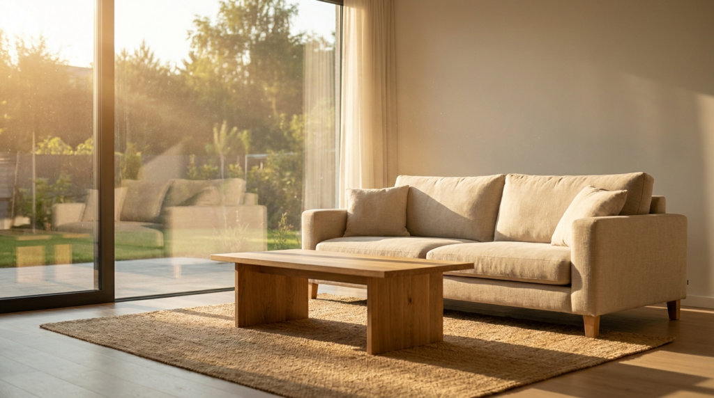 Soleil d été traversant une grande fenêtre de salon