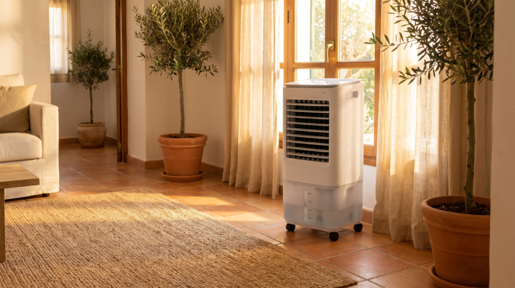rafraîchisseur d'air adiabatique évaporatif dans un salon lumineux