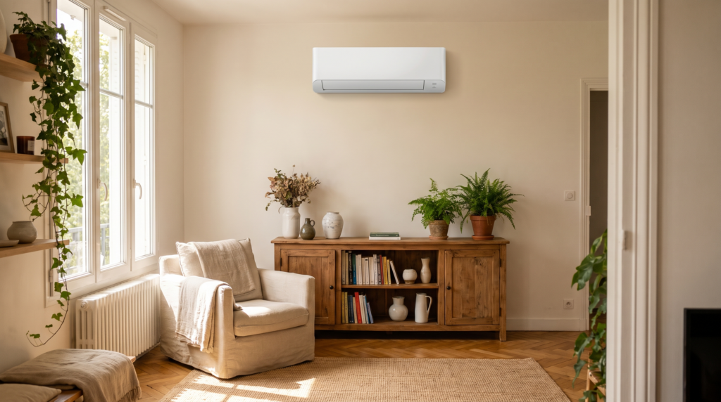 climatiseur split mural dans un salon, réseau français de confort thermique