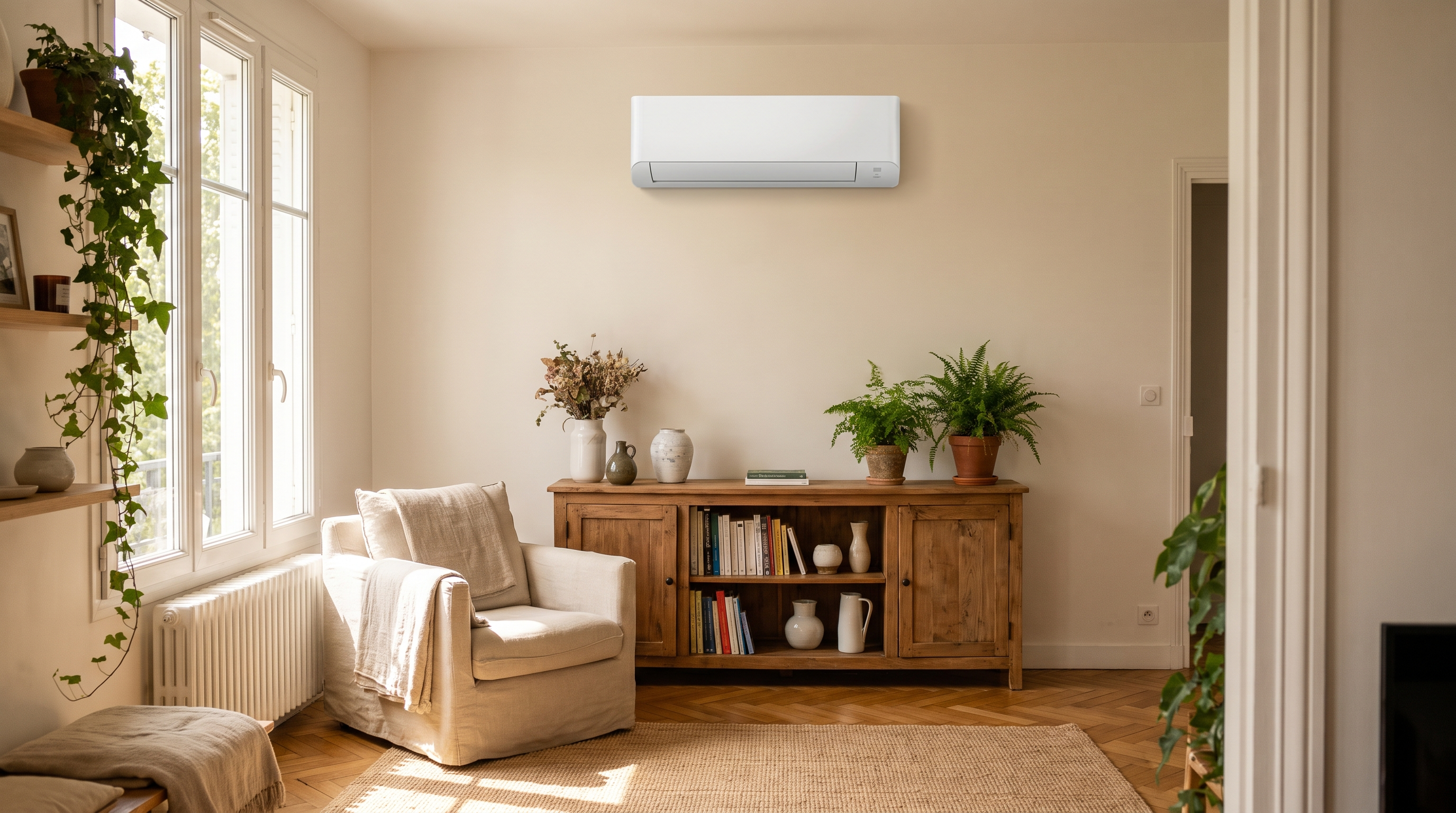 climatiseur split mural dans un salon, réseau français de confort thermique