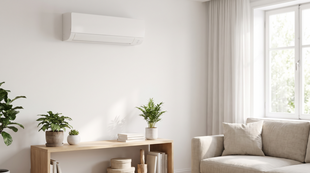 climatiseur split mural blanc dans un intérieur lumineux moderne