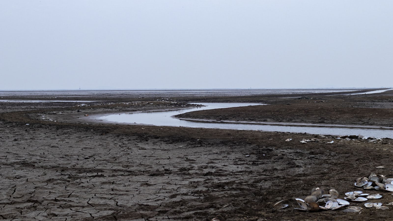 Lit de rivière presque à sec dans la campagne française pendant la sécheresse estivale