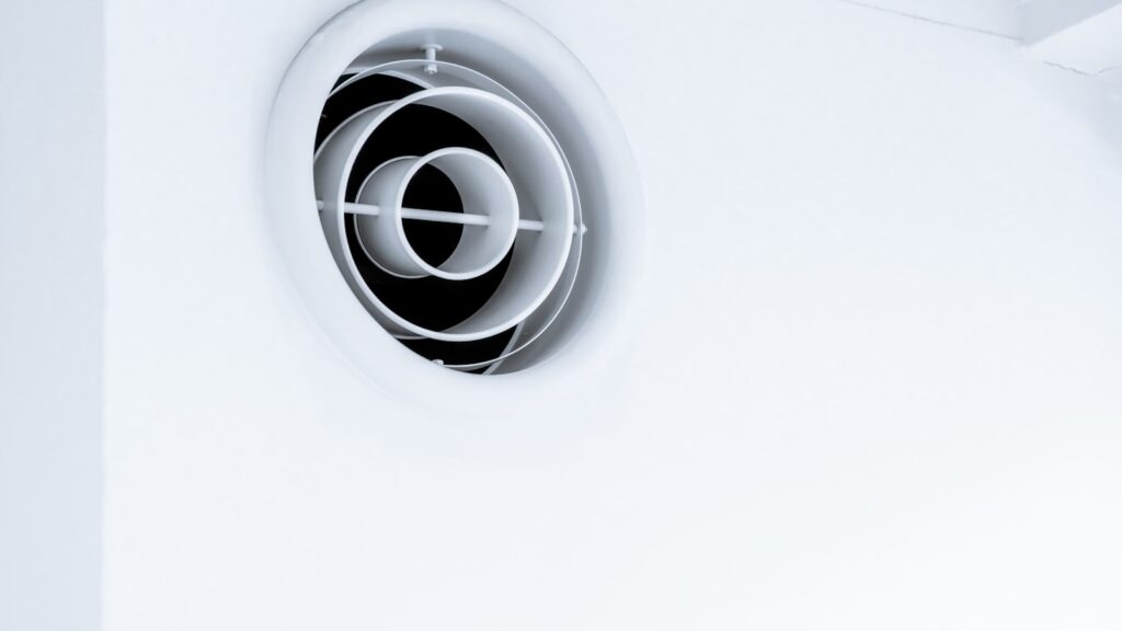 Bouche de soufflage circulaire de climatisation gainable dans un plafond blanc